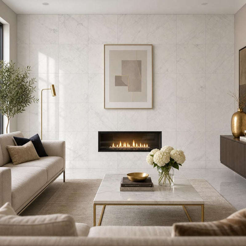Lusso Carrara 24x24 Polished Marble Tile — Living Room feature wall