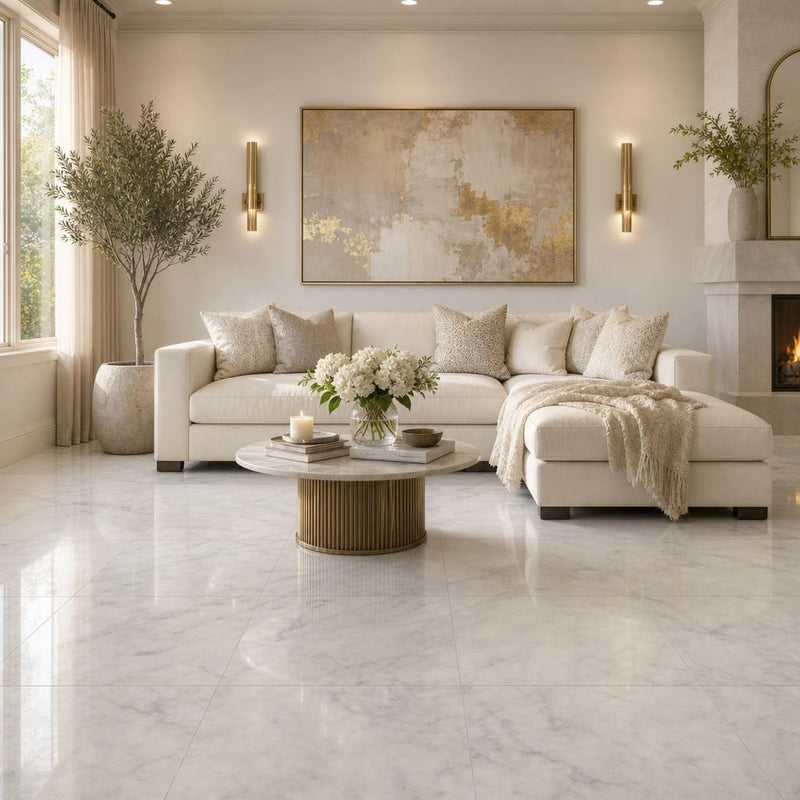 Lusso Carrara 24x24 Polished Marble Tile — Living Room floor