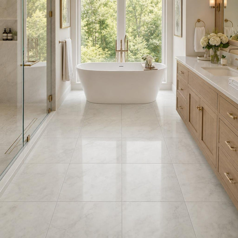 Lusso Carrara 24x24 Polished Marble Tile — Primary Bath floor