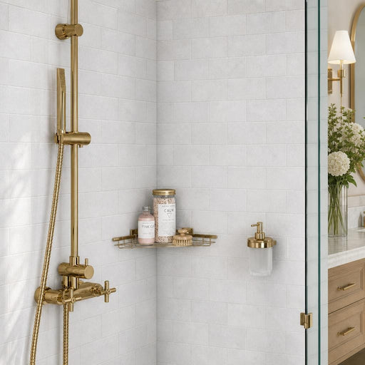 Lusso Carrara 3x6 Tumbled Marble Tile — Bathroom shower wall