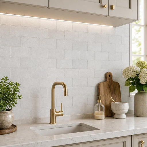 Lusso Carrara 3x6 Tumbled Marble Tile — Kitchen backsplash