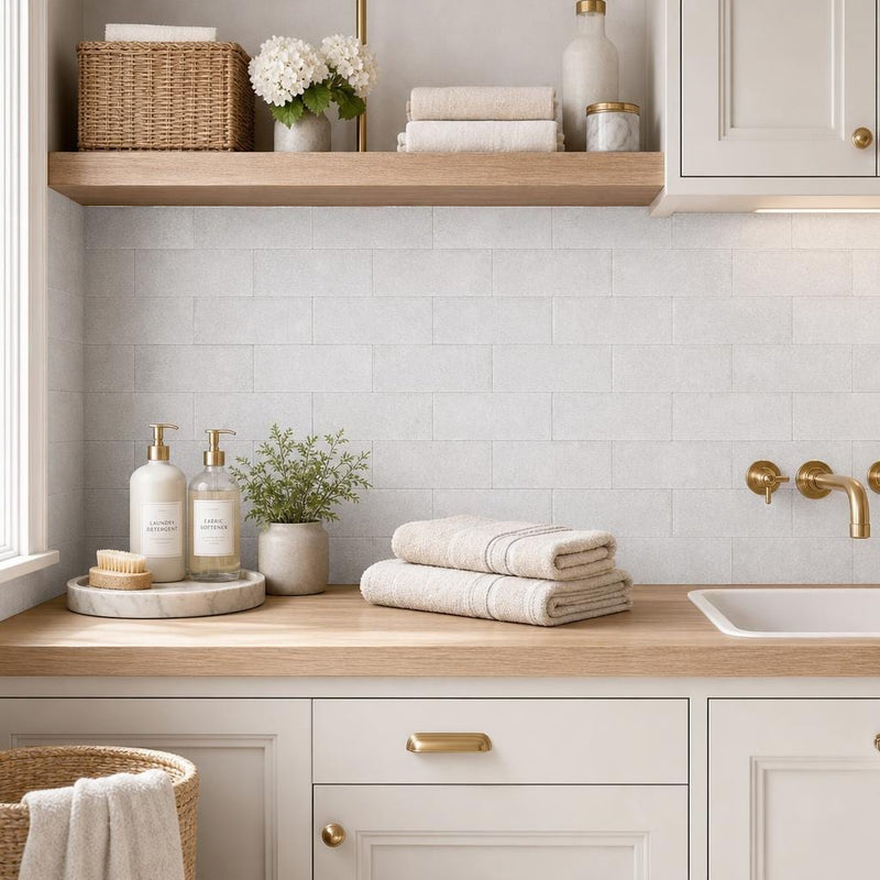 Lusso Carrara 3x6 Tumbled Marble Tile — Laundry Room backsplash