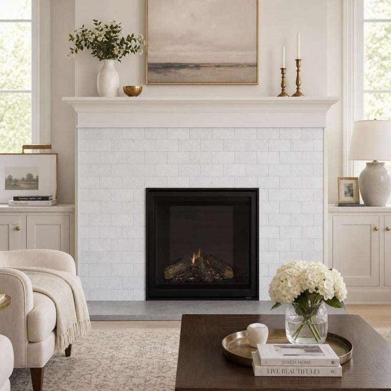 Lusso Carrara 3x6 Tumbled Marble Tile — Living Room fireplace surround