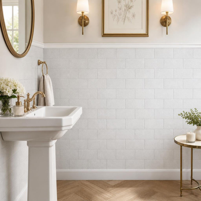 Lusso Carrara 3x6 Tumbled Marble Tile — Powder Room wainscot