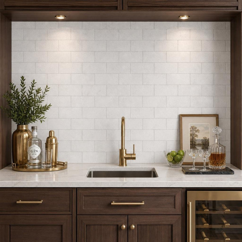 Lusso Carrara 3x6 Tumbled Marble Tile — Wet Bar backsplash
