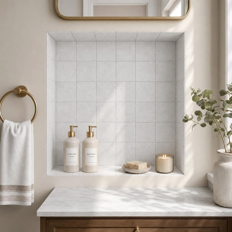 Lusso Carrara 4x4 Tumbled Marble Tile — Bathroom niche