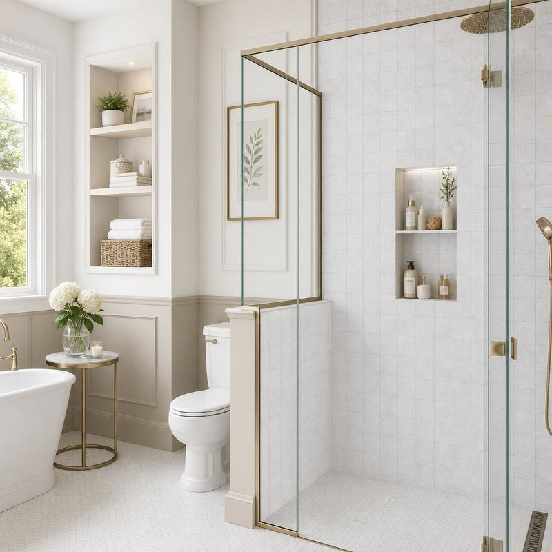 Lusso Carrara 4x4 Tumbled Marble Tile — Bathroom shower wall accent band