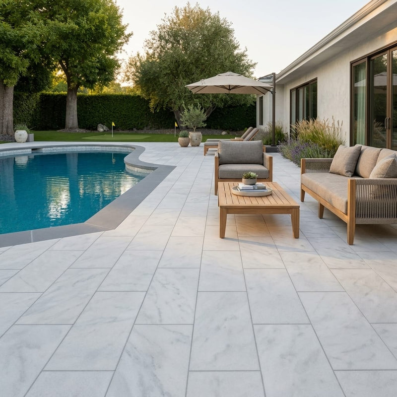 Lusso Carrara Marble Paver 12x24 Sandblasted 2 inch — Backyard pool deck