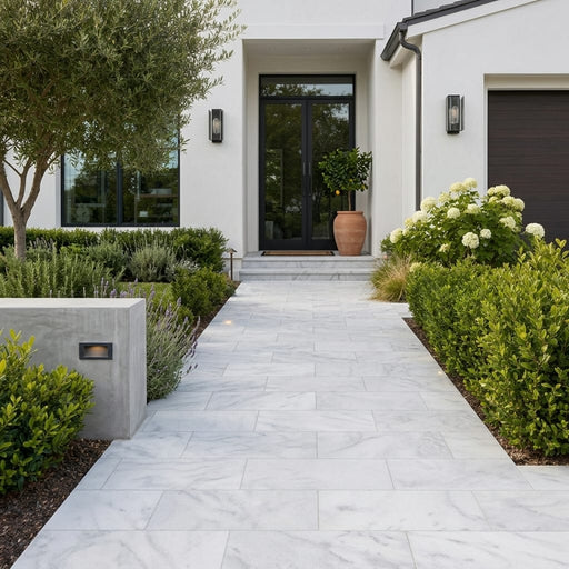 Lusso Carrara Marble Paver 12x24 Sandblasted 2 inch — Front Yard walkway
