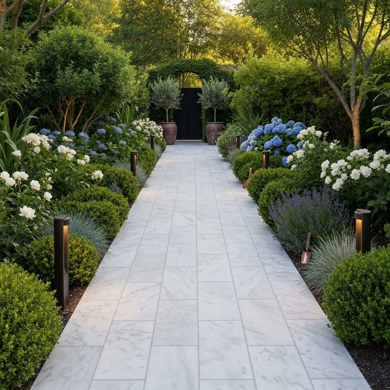 Lusso Carrara Marble Paver 12x24 Sandblasted 2 inch — Garden path