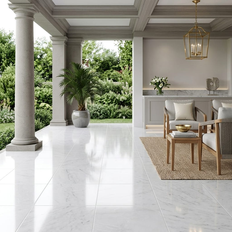 Lusso Carrara Marble Tile 18x18 Polished — Covered Patio floor