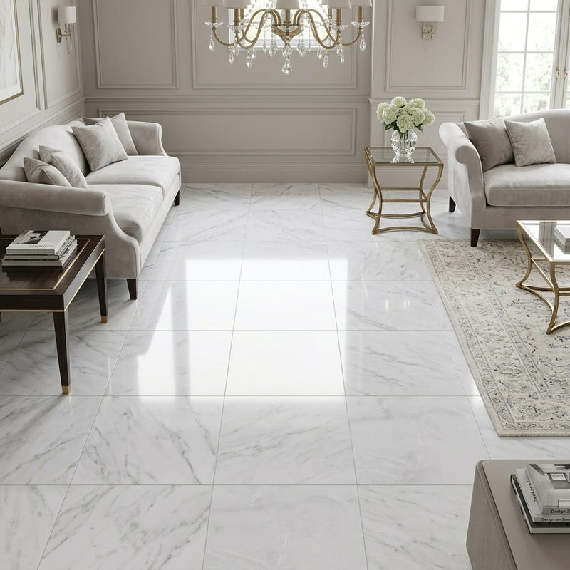 Lusso Carrara Marble Tile 18x18 Polished — Family Room floor