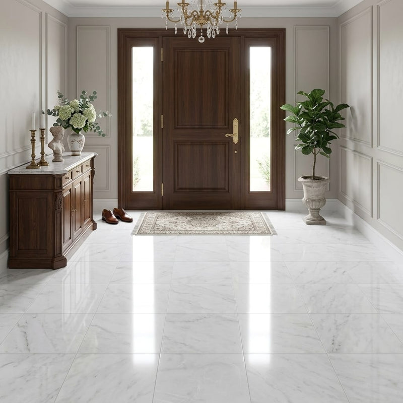 Lusso Carrara Marble Tile 18x18 Polished — Foyer floor