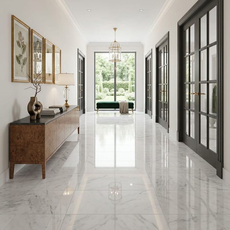 Lusso Carrara Marble Tile 18x18 Polished — Hallway floor