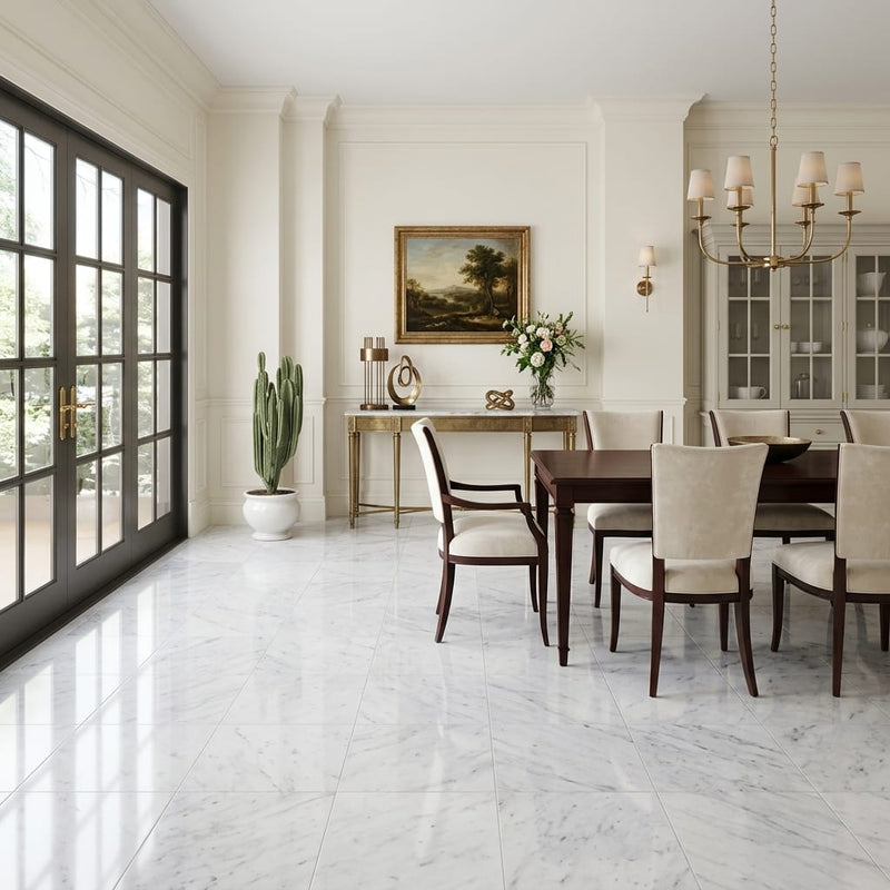 Lusso Carrara Marble Tile 18x18 Polished — Living Room floor