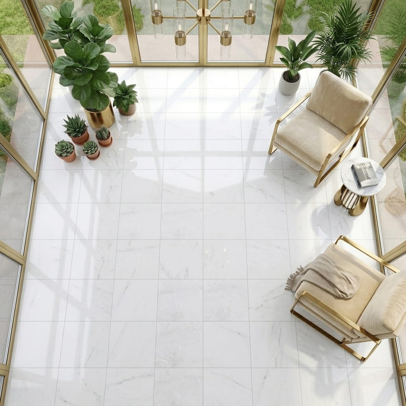 Lusso Carrara Marble Tile 18x18 Polished — Sunroom floor