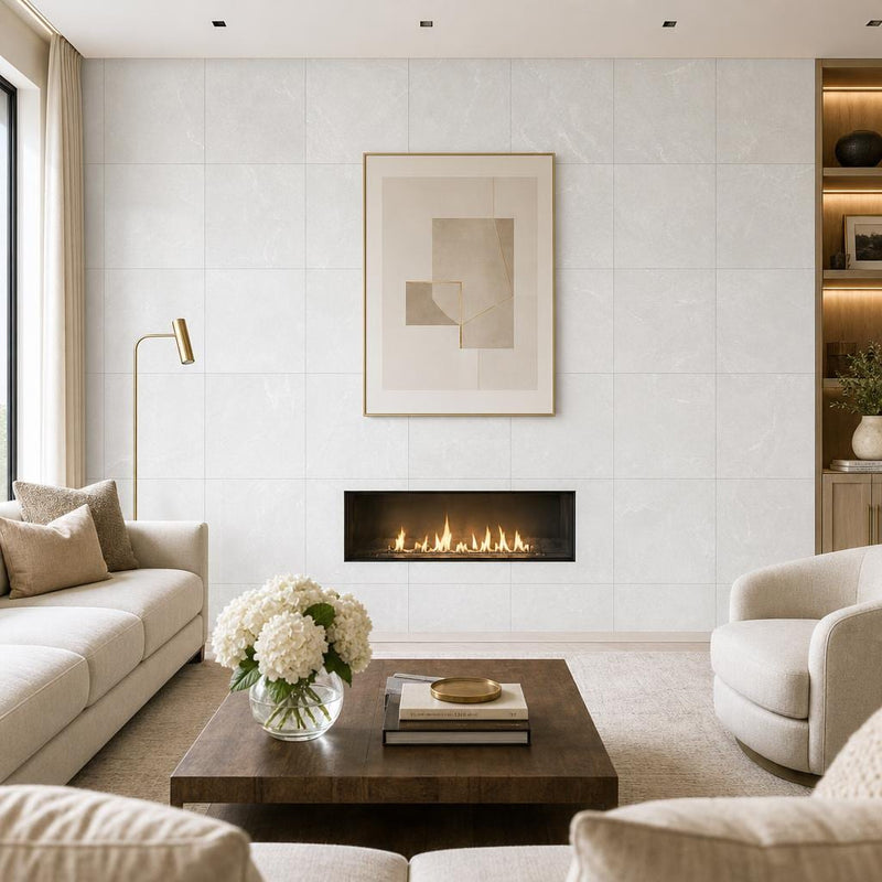Lusso Carrara Marble Tile 24x24 Honed — Living Room feature wall