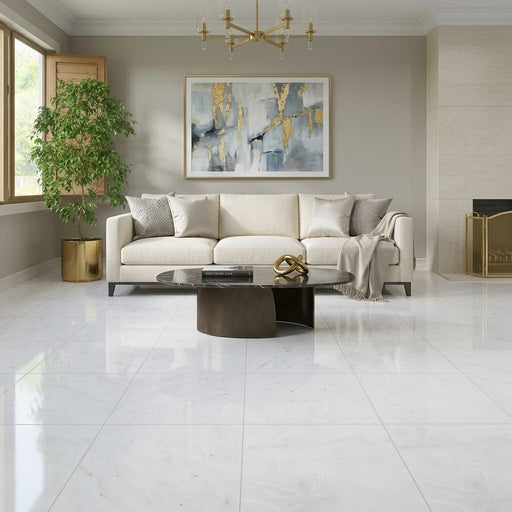 Lusso Carrara Marble Tile 24x24 Polished — Living Room floor