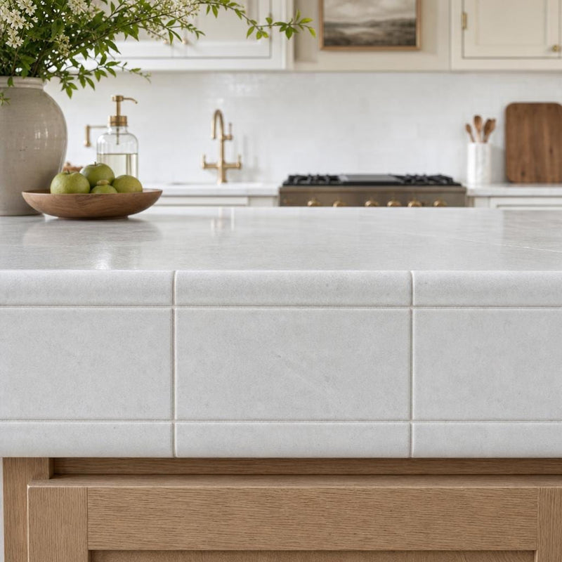 Lusso Carrara Marble Tile 6x12 Polished — Kitchen countertop edge