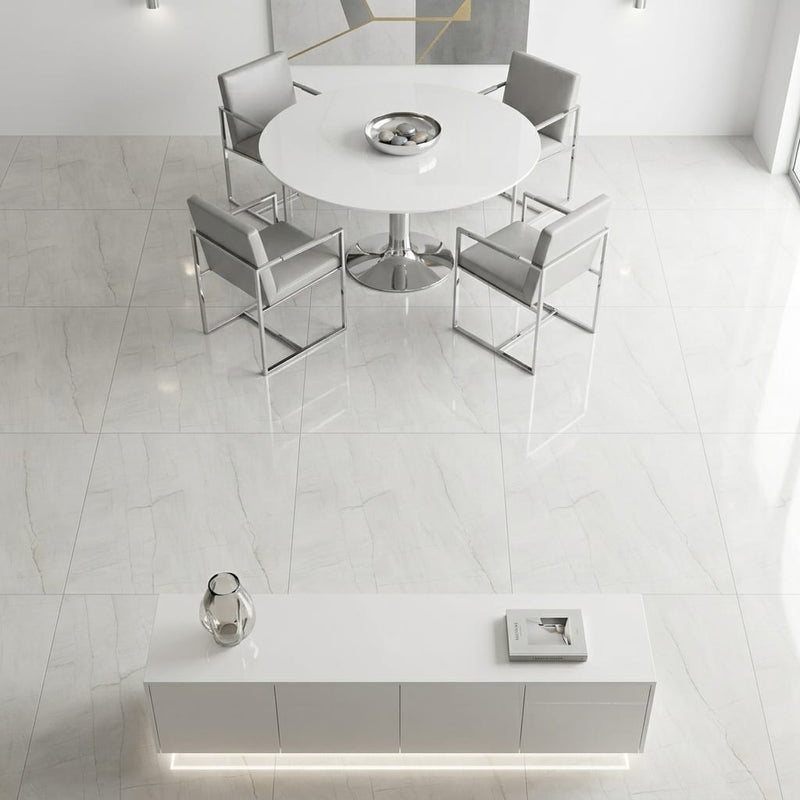 Luxury Swing Blanco Polished 48x48 Porcelain Tile — Dining Room floor