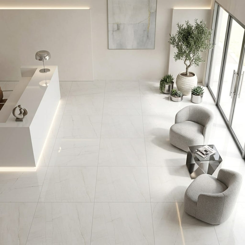 Luxury Swing Blanco Polished 48x48 Porcelain Tile — Lobby floor