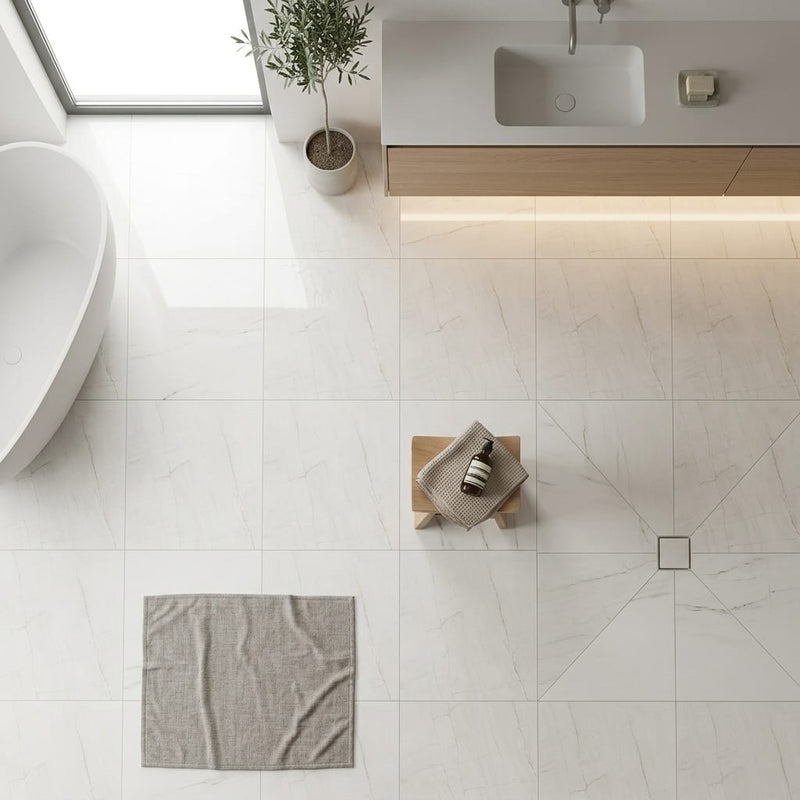 Luxury Swing Blanco Polished 48x48 Porcelain Tile — Primary Bath floor