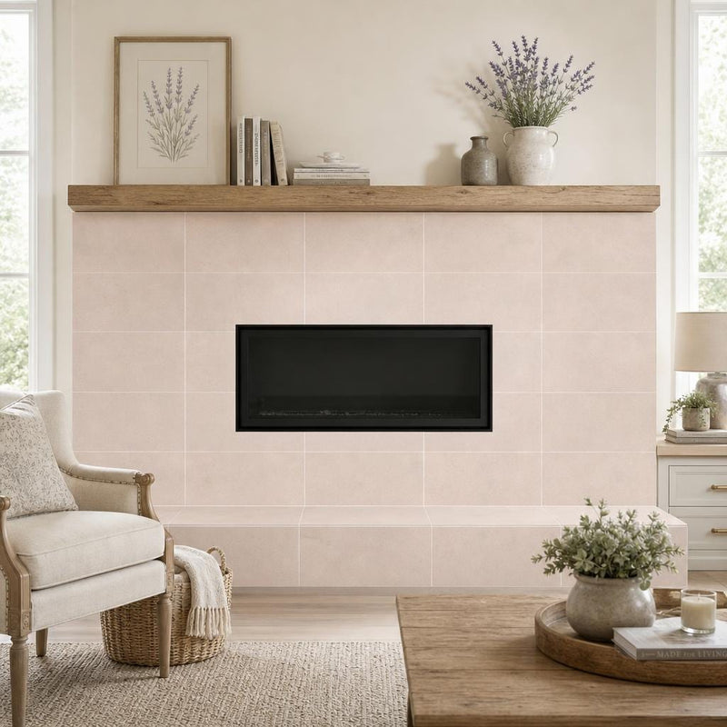 Lymra 12x24 Honed Limestone Tile — Living Room fireplace surround