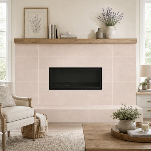 Lymra 12x24 Honed Limestone Tile — Living Room fireplace surround