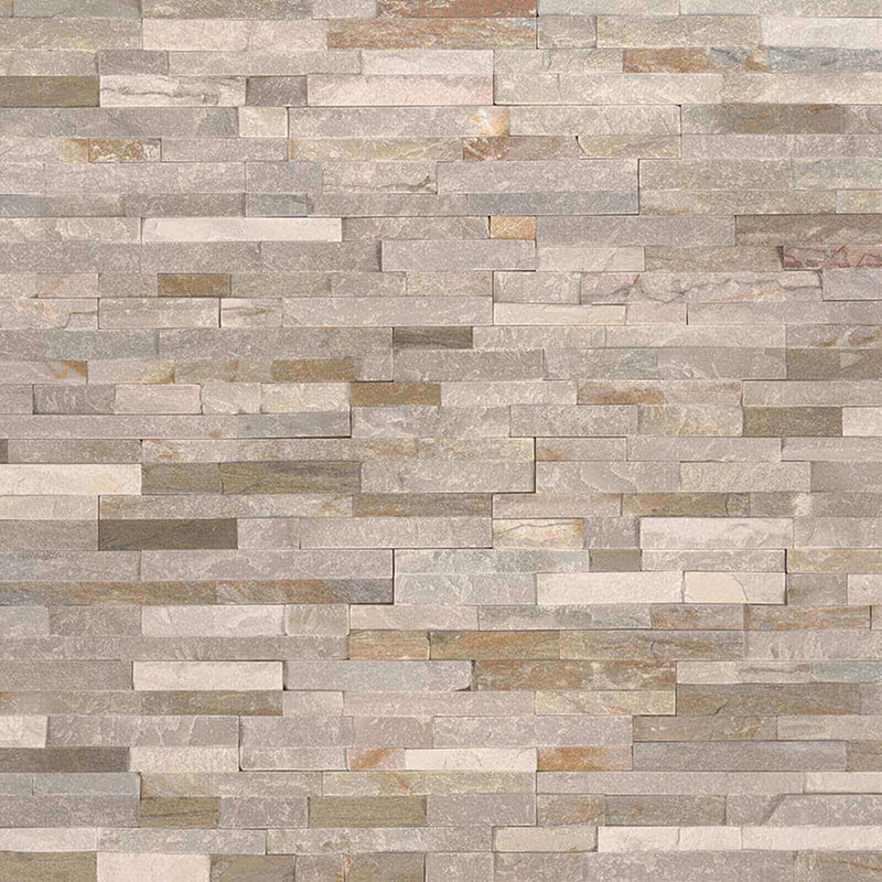M Series Roman Beige 4.5x16 mini splitface travertine ledger stone with textured beige stone strips in a staggered pattern.