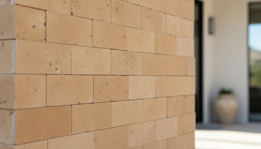 Close-up of Ivory Cordoba Cream Travertine Honed Wavy 2 x 4 Mosaic, in Ivory tones.