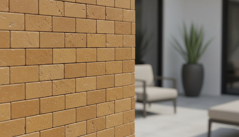 Close-up of Noce Toros Travertine Split Face 2 x 4 Mosaic, in Noce tones.