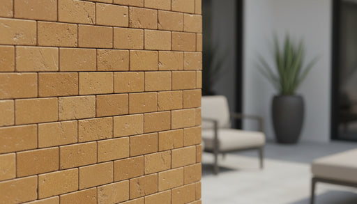 Close-up of Noce Toros Travertine Split Face 2 x 4 Mosaic, in Noce tones.