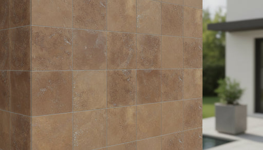 Close-up of Noce Toros Travertine Light /Noce 12 x 12 Mesh Mosaic, in Noce tones.