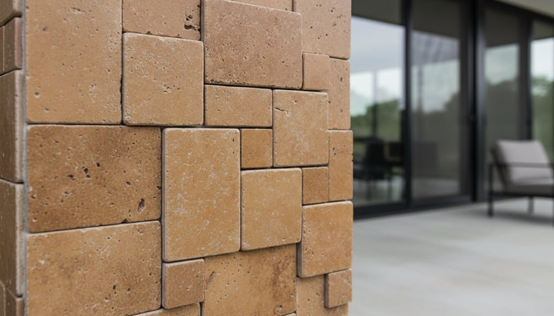 Close-up of Noce Toros Travertine Tumbled Micro Mini Mosaic, in Noce tones.