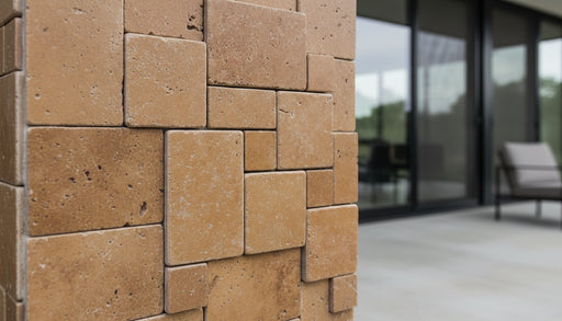 Close-up of Noce Toros Travertine Tumbled Micro Mini Mosaic, in Noce tones.