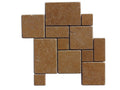 Close-up of Noce Toros Travertine Tumbled Mini Mosaic, in Noce tones.