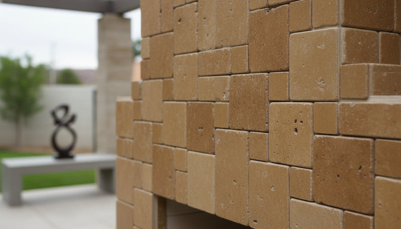 Close-up of Noce Toros Travertine Tumbled Mini Mosaic, in Noce tones.
