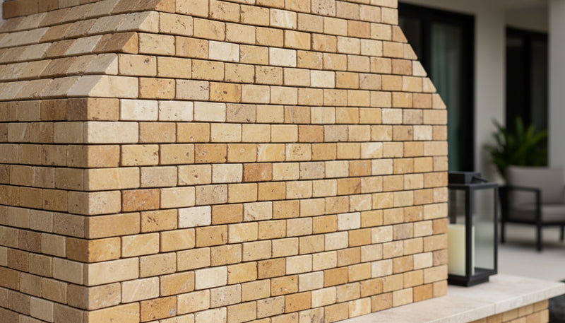 Close-up of Autumn Leaves Scabos Travertine Split Face 1 x 2 Mosaic, in Autumn tones.