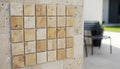 Close-up of Autumn Leaves Scabos Travertine Tumbled 2 x 2 Mosaic, in Autumn tones.