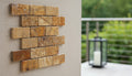 Close-up of Autumn Leaves Scabos Travertine Tumbled 2 x 4 Mosaic, in Autumn tones.