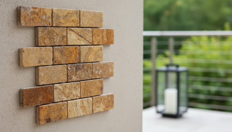 Close-up of Autumn Leaves Scabos Travertine Tumbled 2 x 4 Mosaic, in Autumn tones.