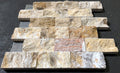 Close-up of Autumn Leaves Scabos Travertine Split Face 2 x 4 Mosaic, in Autumn tones.