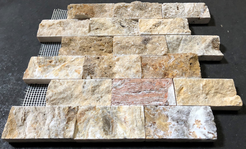 Close-up of Autumn Leaves Scabos Travertine Split Face 2 x 4 Mosaic, in Autumn tones.