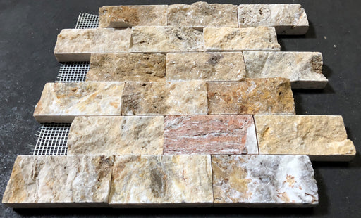 Close-up of Autumn Leaves Scabos Travertine Split Face 2 x 4 Mosaic, in Autumn tones.