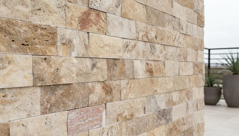 Close-up of Autumn Leaves Scabos Travertine Split Face 2 x 4 Mosaic, in Autumn tones.