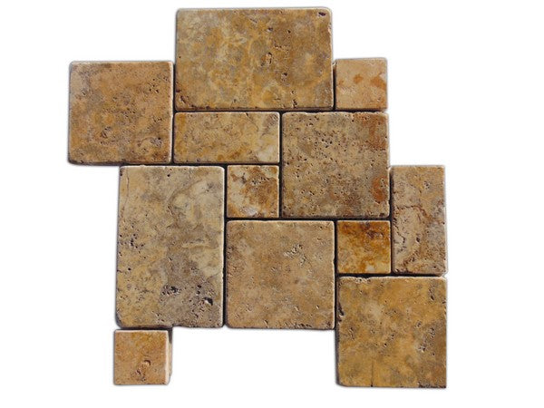 Close-up of Autumn Leaves Scabos Travertine Tumbled Mini Mosaic, in Autumn tones.