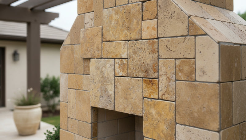 Close-up of Autumn Leaves Scabos Travertine Tumbled Mini Mosaic, in Autumn tones.