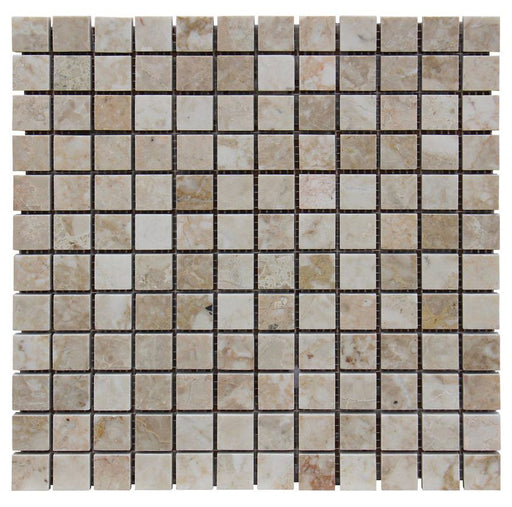 Close-up of Silver Travertine Tumbled 1 x 1 Square Mosaic, in Silver tones.