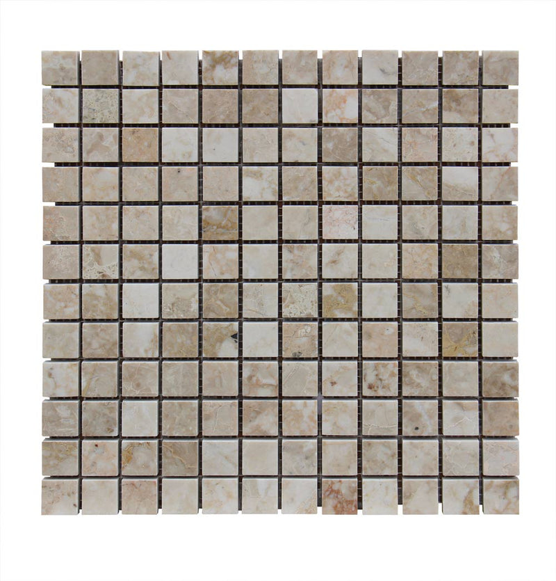 Close-up of Silver Travertine Tumbled 1 x 1 Square Mosaic, in Silver tones.