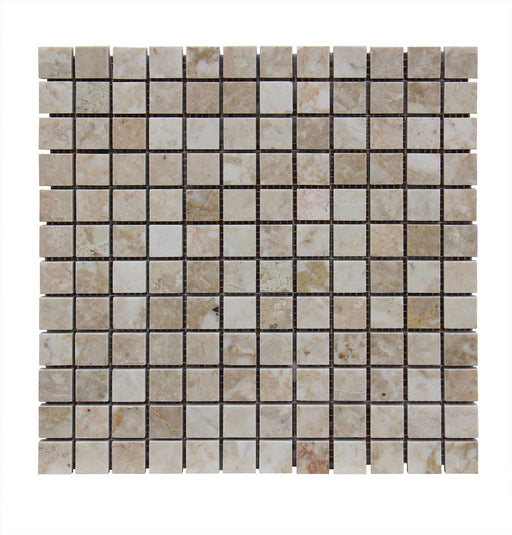 Close-up of Silver Travertine Tumbled 1 x 1 Square Mosaic, in Silver tones.